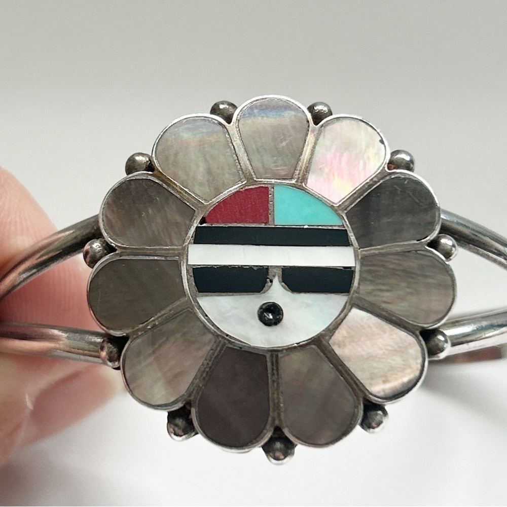 Vintage Zuni Sunface Turquoise Inlay Sterling Silver Cuff Bracelet